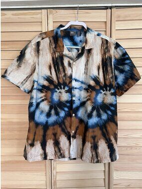 ASOS Men Button Up Shirt 2XL Tie Dye Short Sleeve Blue Orange Cotton